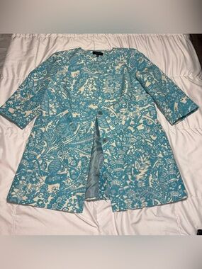 Talbots paisley cream Blue silk cotton Duster Coat jacket 14 Petite
